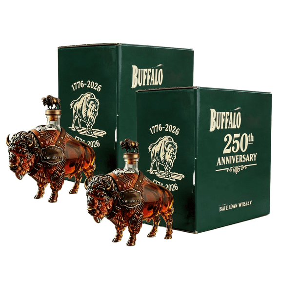 2PCS 3D Vintage Buffalo Shaped Glass Whiskey Decanter, 350ml 250th Anniv Bison Whiskey Bottle With Gift Box, Home Bar Display Decor, Father’s Day Gift for Whiskey Lovers