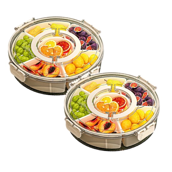 2PCS 4.5L Sealed Rotating Vegetable And Fruit Tray Rotating Veggie Tray With Lid And Handle Portable Clear Snackle 360 Rotatable Divided Serving Snack Candy 27X27X7.5Cm Utility