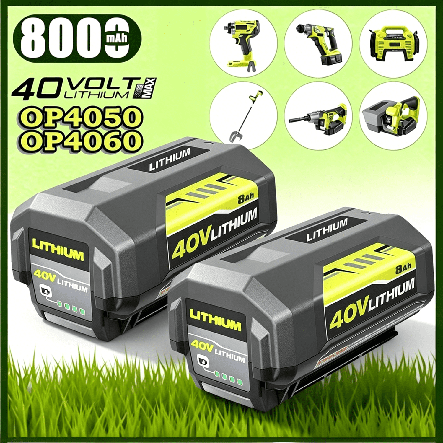2PCS 40V 8.0Ah OP4040 Replace for Ryobi 40V Battery, High Capacity 40-Volt Lithium Battery for OP40201OP4026 OP4030 OP4050A OP4060 OP40601 OP40602 OP4060A OP4075A Cordless Power Tools
