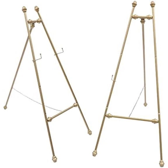 2PCS 46.5" Tall Metal Portable Floor Easel Stands, Large Golden Wedding Easel Stand with Adjustable Hooks, 2 Pack Gold Easel Stands for Weddings, Welcome Signs, and Decorative Display