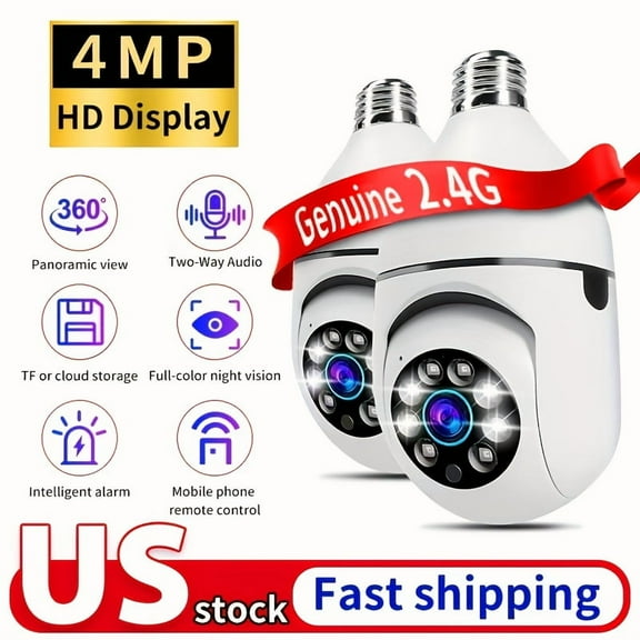 2PCS 4MPSmart Bulb Security Camera, Ful Color Night Vision, Black & WhiteNightVision, Motion Detection, Two-Way Audio, E27 Threaded WiFi Camera, WideAngleLens, Instant Video Streaming And Remote