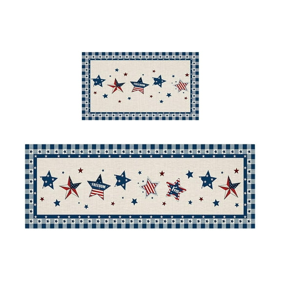 2PCS 4th of July Patriotic Kitchen Rugs Red White and Blue Stars,Stripes American Flag Floor Mats Washable Non-Slip Runner Rugs,Farmhouse Independence Day Decor for Home Kitchen
