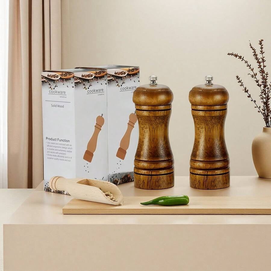 2PCS 5.7-Inch Wooden Pepper Grinder With Adjustable Grinding. This Wooden Pepper Grinder Or Salt Grinder Features An Adjustable Ceramic Rotor For Easy Use.