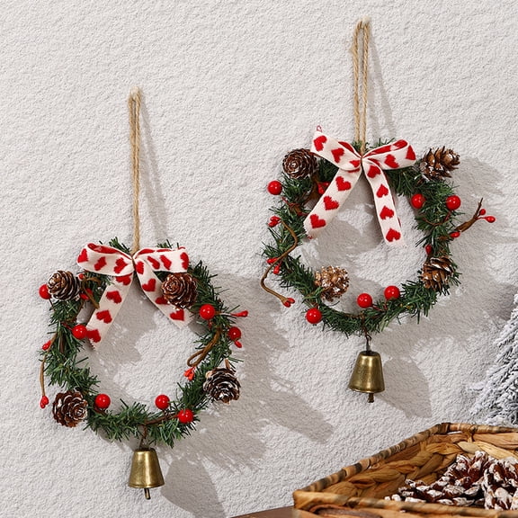 2PCS 5.9 Inch Christmas Knot Wreath with Bell, Outdoor Christmas Wreath for Front Door with Pine Cones and Jingle Bell for Home Holiday Decoration