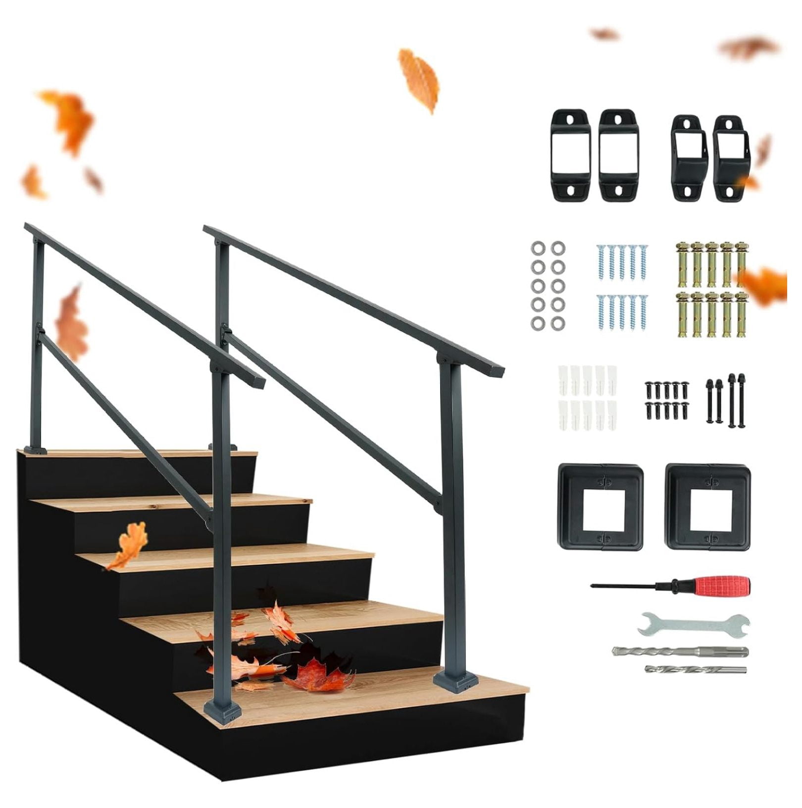 2PCS 5 Steps Handrails Deck Handrails Stair Railing Indoor Black