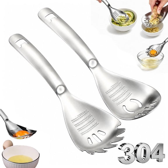 2PCS 5-in-1 Stainless Steel Cooking Spoon, Multifunction Slotted Spoon with Egg Separator, Potato Masher, Food Strainer & Bottle Opener, Multipurpose Kitchen Utensil