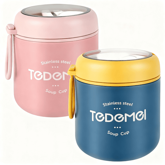 2PCS 18oz Vacuum Insulated Food Container for Hot Food 304 Stainless Steel Thermal Wide Mouth Food Jar with Foldable Spoon Portable Meal Thermoses with Silicone Handle for School Office Work