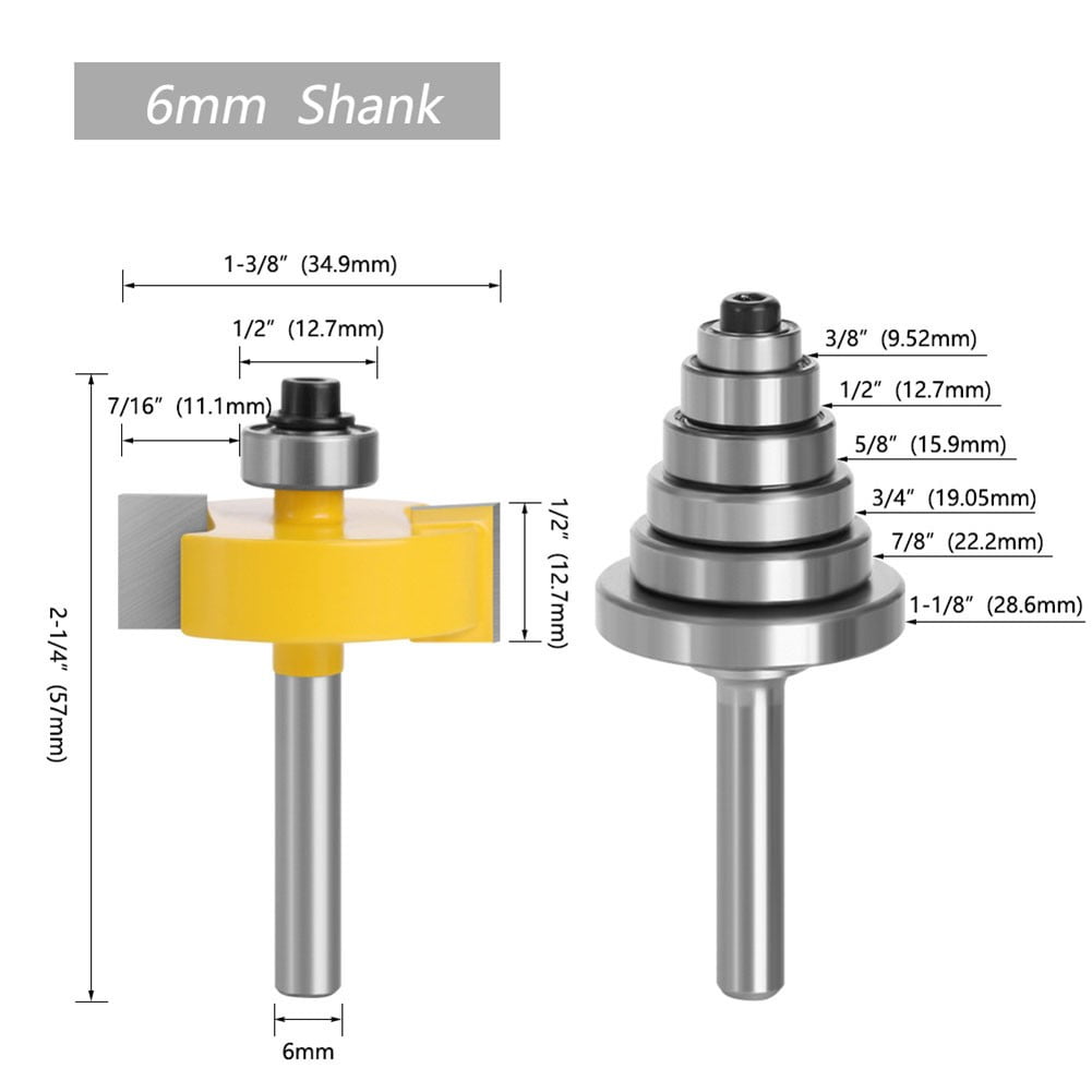 2Pcs 6/8/12mm Shank Rabbet Router Bit with 6 Adjustable Bearings