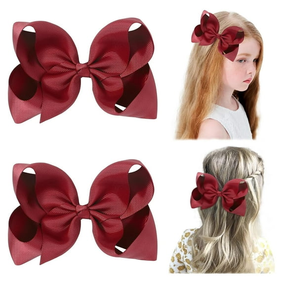 2PCS 6" Big Hand-made Grosgrain Ribbon Solid Color Hair Bows Alligator Clips Hair Accessories for Little Teen Toddler Girls Kids