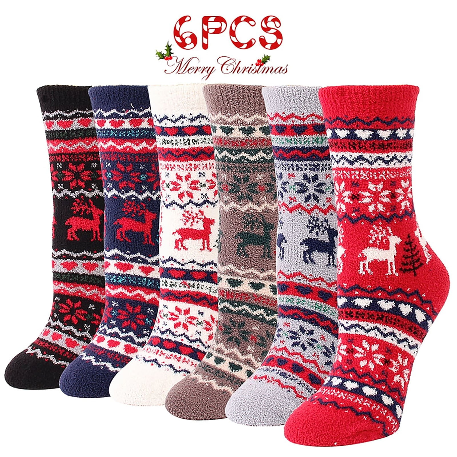 2PCS 6 Pairs Christmas Fuzzy Socks for Women Home Casual Sleeping To 9