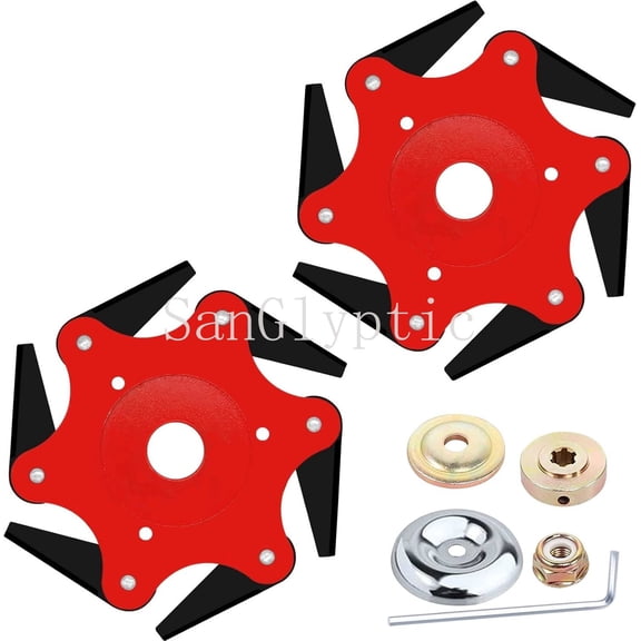 2PCS 6 Steel Razors Trimmer Head Reversible Weed Eater Blades Metal Mn65 Brush Cutter Blades Professional Grass Trimmer Head Replacement with 1 Pack 6 Teeth Adapter Kit for String Trimmers