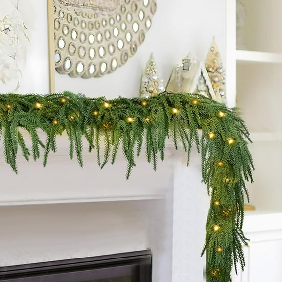 2PCS 6FT Pre-lit Norfolk Pine Garland with 60 Lights, 80 Pine Branches, Realistic Christmas Garland Holiday Greenery for Stairs Table Mantle Wall Winter Christmas Decorations