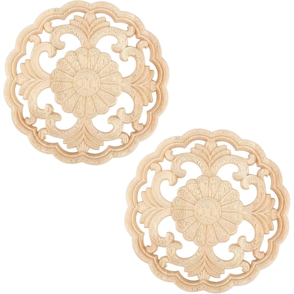 2PCS 6inch Round Wood Carving Decal Floral Pattern Unpainted Home Furniture Decor Natural Solid Wood Carved for DIY handcrafting