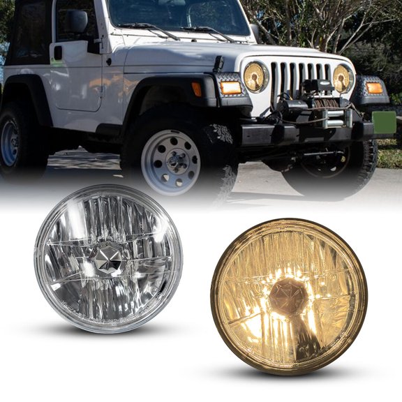 2PCS 7" Round Conversion Headlights Clear Lens Warm White Silicone glass lampshade + iron light shield W/Light Bulbs