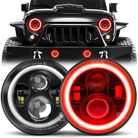 2PCS 7" Round DOT Red Halo LED Headlights with Turn Signal - H6024 Hi/Lo Projector Sealed Beam for Wrangler JK/TJ/CJ/LJ - Plug & Play