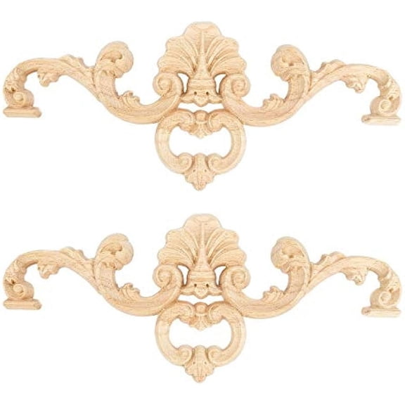 2PCS 8.7x3.7 in Wood Carving Decal Long Unpainted Home Furniture Decor Natural Solid Wood Carved Onlay Applique for Furniture Doors Walls Ornamental Decor