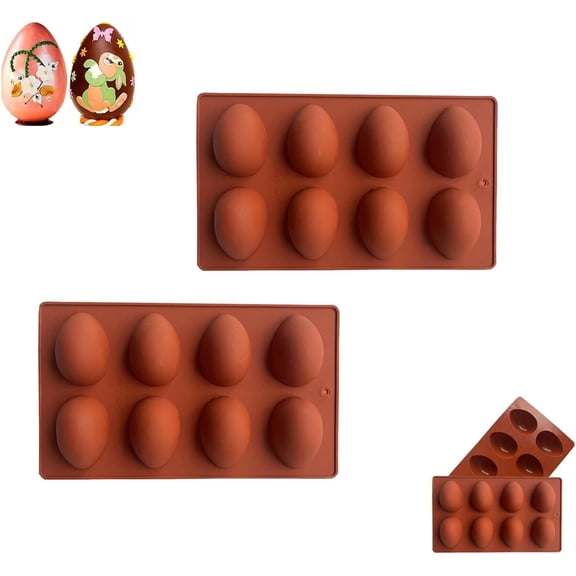 2PCS 8-Cavity Easter Egg Silicone Molds, Food-Grade Non-Stick Chocolate Candy Mold for DIY Baking, Heat Resistant Egg Shape Tray for Easter Party (K)