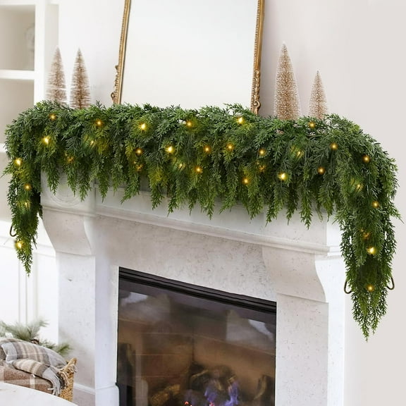 2PCS 9FT Pre-Lit Christmas Cedar Garland with 150 Full Pine Branches and Warm LED Lights, Realistic Artificial Greenery Christmas Garland for Fireplace Mantel, Stair Railing, Door, Wall, Porch