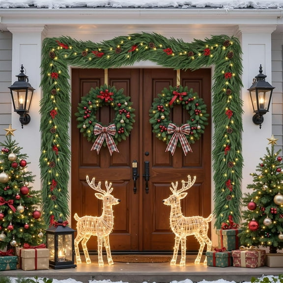 2PCS 9FT Prelit Christmas Norfolk Pine Garlands, Realistic Green Norfolk Pine Garland with Lights for Mantle Stairs Railing Fireplace Table Indoor Outdoor Xmas Decor