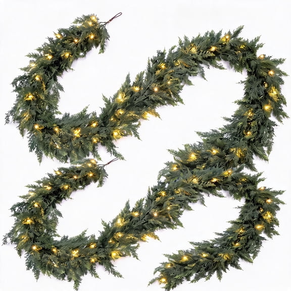 2PCS 9FT Thick Christmas Cedar Garland with Lights Layered Greenery Decor