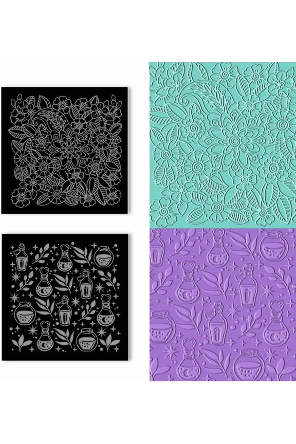 2PCS Acrylic Clay Textured Mats Mandala Flower & Magic Bottles Square Clay Texture Plate Sheets for DIY Crafts & Jewelry Making 4x4 Inch