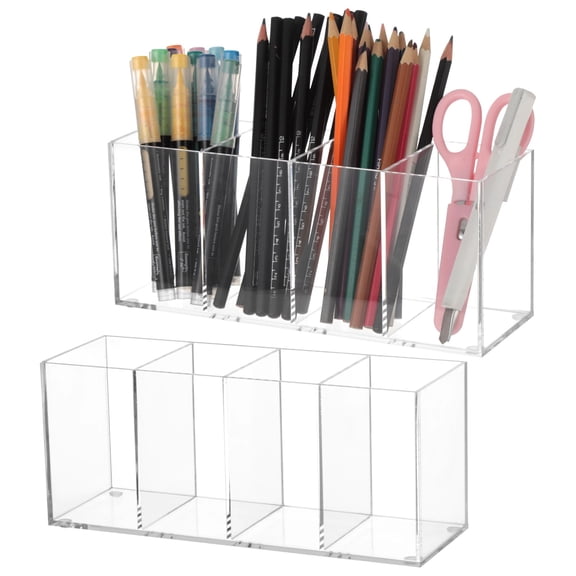2PCS Acrylic Pen Holders, Clear Plastic Pencil Holders, 4-Compartment Desktop Stationery Organizers, Transparent Storage Boxes for Brushes, Crayons, Homes, Offices