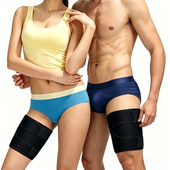 2PCS Adjustable Compression Thigh Wraps, Neoprene Hamstring Quad Support Brace for Pulled Groin Muscle Men Women, Black