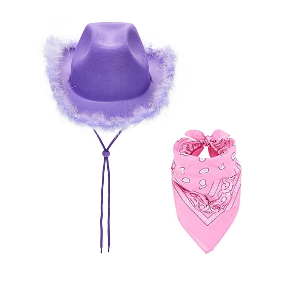 2PCS  Adjustable Cowboy Hats Cowgirl Hat with Scarf for Women Wide Brim Western Hat Set Party