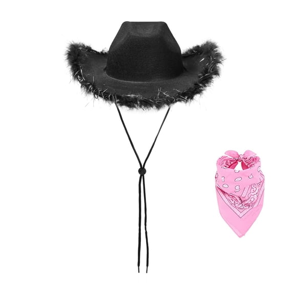 2PCS  Adjustable Cowboy Hats Cowgirl Hat with Scarf for Women Wide Brim Western Hat Set Party