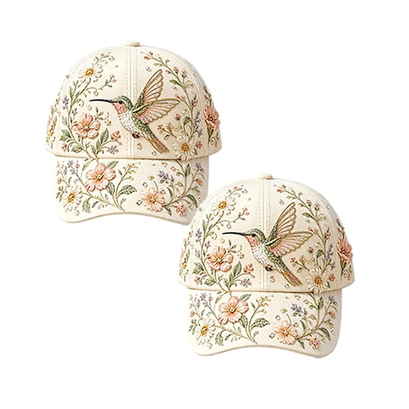 2PCS Adjustable Embroidered Cap with Floral Bird Design, Lightweight Breathable Sun Hat for Women, Cute Garden Baseball Cap for Outdoor Daily Wear