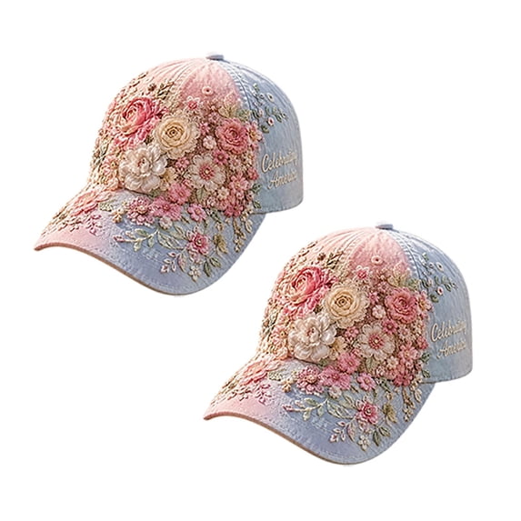 2PCS Adjustable Embroidered Cap with Floral Bird Design, Lightweight Breathable Sun Hat for Women, Cute Garden Baseball Cap for Outdoor Daily Wear