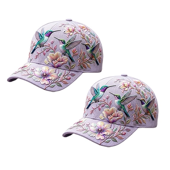 2PCS Adjustable Embroidered Cap with Floral Bird Design, Lightweight Breathable Sun Hat for Women, Cute Garden Baseball Cap for Outdoor Daily Wear