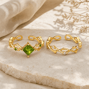 2PCS Adjustable Green CZ Stackable Rings for Women, Gold Tone Copper Ring Set