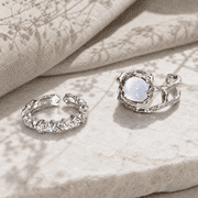 2PCS Adjustable Moonstone Open Ring Set for Men Women, Silver Tone Copper Rings