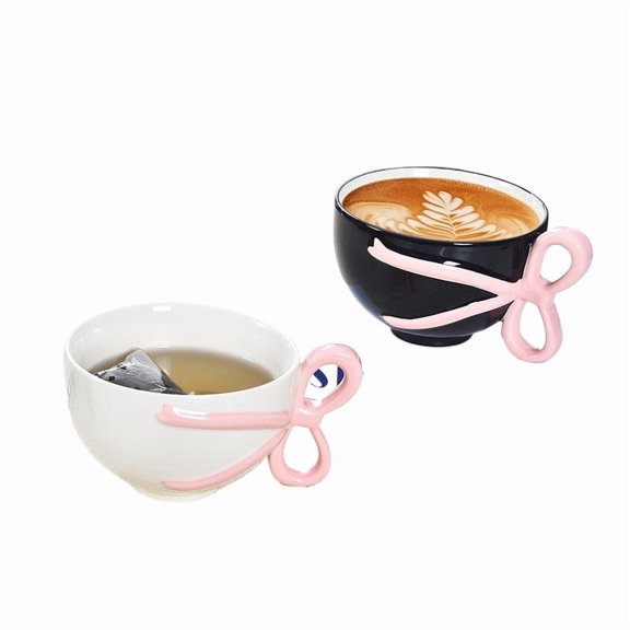 2PCS Aesthetic Couple Coffee Mugs - Stylish Ceramic Bow Decor Cups for Home and Office Use (Pink & Black)