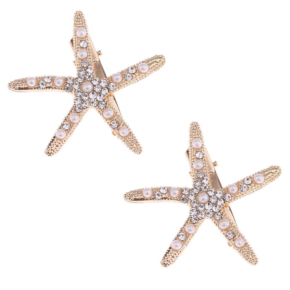 2PCS Alloy Sea Star Hair Clips Pearl Rhinestone Duckbill Clip Star Barrettes Styling Hair
