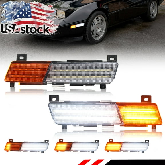2PCS Amber & Clear Lens Front Side Marker Light Turn Signal Light Turn Warning Light Fender Light Reflector Light with Dynamic White LED For 1984 1985 1986 1987 Corvette C4