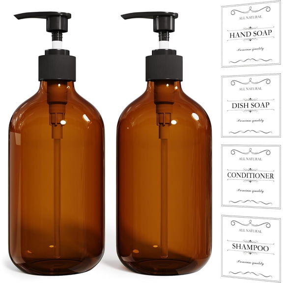 2PCS Amber Dish Soap Dispenser for Kitchen (16 Oz), Brown Hand Bathroom, Plastic and Liquid Set with Rust Proof Pump, Refillable Pump Bottles, Waterproof Labels