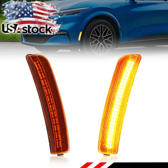 2PCS Amber Lens Front Bumper Fender Light Side Marker Light Turn Signal Light Turn Warning Light Reflector Light With Amber LED For 2021 2022 2023 2024 2025 Ford Mustang Mach-E