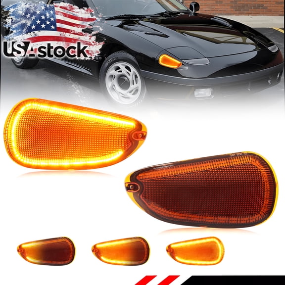 2PCS Amber Lens Front Bumper Parking Light Side Marker Light Turn Signal Light Turn Warning Light with Dynamic Amber LED For 1991 1992 1993 Dodge Stealth/Mitsubishi 3000GT