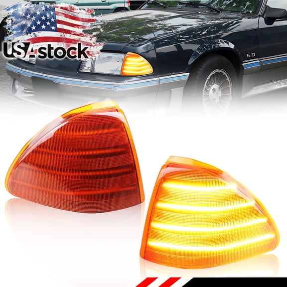 2PCS Amber Lens Front Corner Light Parking Light Fender Light Side Marker Light Turn Signal Light Turn Warning Light With Amber LED For 1987 1988 1989 1990 1991 1992 1993 Ford Mustang