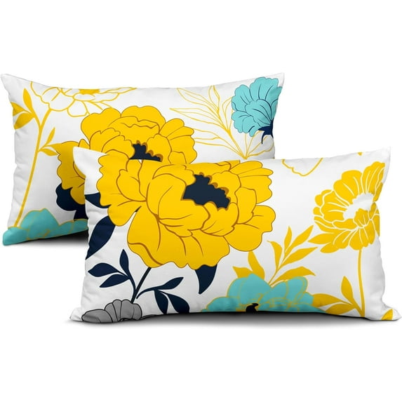 2PCS Aqua Flower Throw Pillow Case Patio Flowers Pillow Covers Fashion Yellow Floral Pillow Cushion Case Home Sofa Bed Decor Pretty Florals Farmhouse Outdoor Couch Pillowcase 12x20