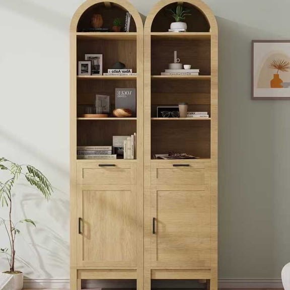 2PCS Arched Bookshelf with Drawer & Cabinet, 6-Tier Arch Bookcase with Adjustable Shelf, Tall Arched Cabinet with Doors and Open Display Shelves, Modern Bookshelf with Drawers for Living Room,Natural