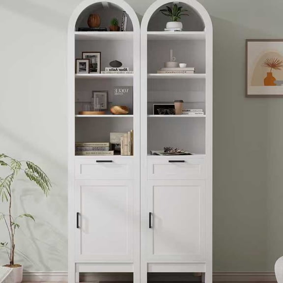 2PCS Arched Bookshelf with Drawer & Cabinet, 6-Tier Arch Bookcase with Adjustable Shelf, Tall Arched Cabinet with Doors and Open Display Shelves, Modern Bookshelf with Drawers for Living Room, White