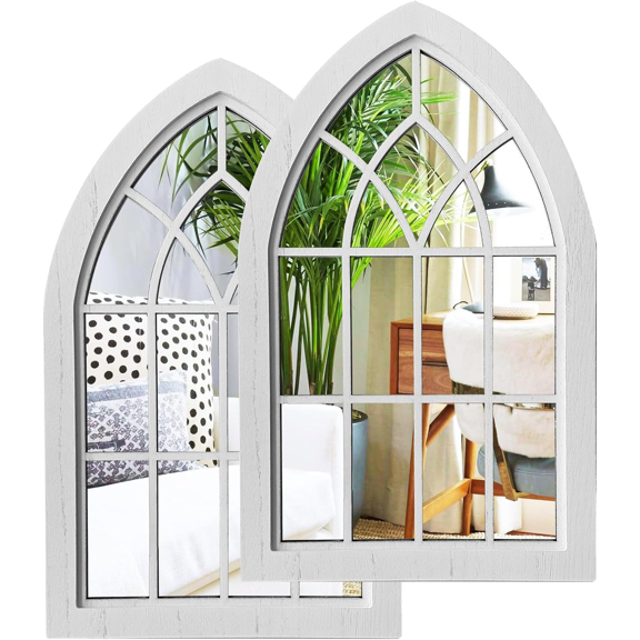 2PCS Arched Window Wall Mirror,Rustic Farmhouse Accent Mirror, Wood Framed