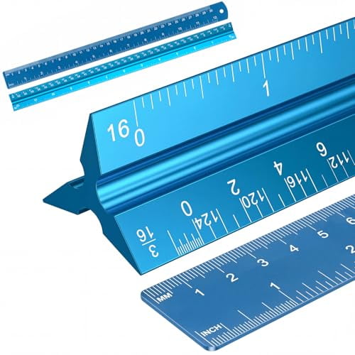 2PCS Architectural Scale Ruler: 12" Imperial Aluminum Triangular Scale Ruler, Laser-Etched Architecture Ruler, Drafting & Architect Ruler for Architects, Students, Draftsman(Blue)