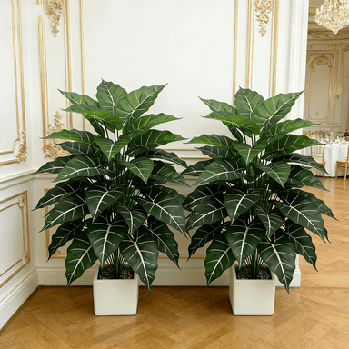 2PCS Artificial Alocasia Plant, 35.4 Inch Tall Faux Philodendron with White Veins, UV Resistant Fake Tropical Floor Plant for Home, Office, Garden Decor