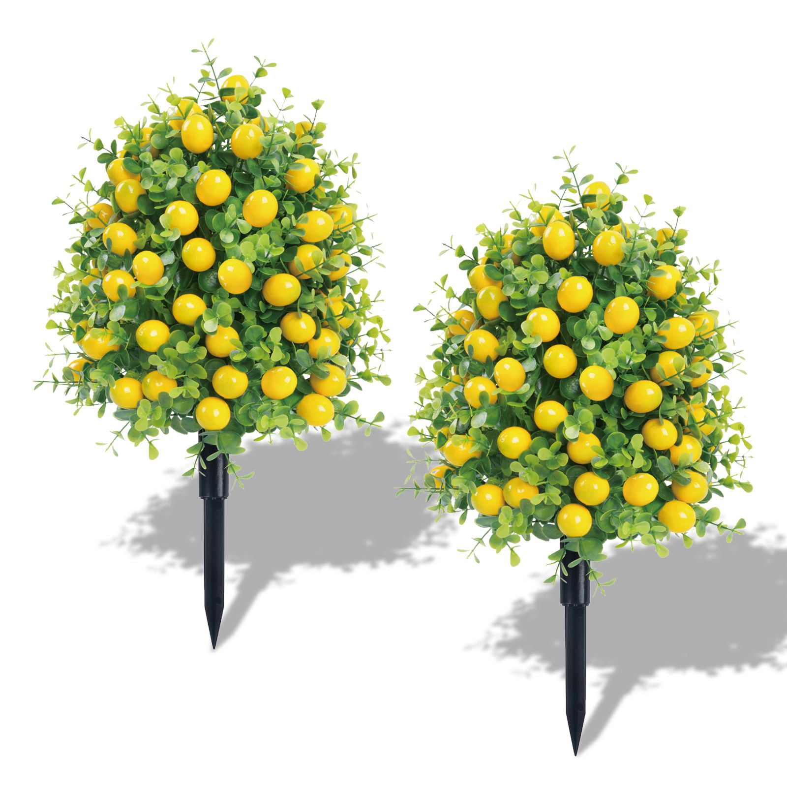 2PCS Artificial Boxwood Topiary Ball Trees with Lemon for Outdoor with Ground Spik, UV Resistant Faux Greenery Shrubs, Fake Boxwood Plants for Indoor, Garden, Yard, Porch, Patio Decor