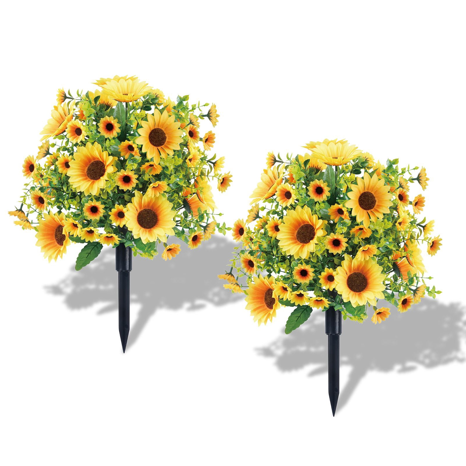 2PCS Artificial Boxwood Topiary Ball Trees with Sunflowers for Outdoor with Ground Spik, UV Resistant Faux Greenery Shrubs, Fake Boxwood Plants for Indoor, Garden, Yard, Porch, Patio Decor