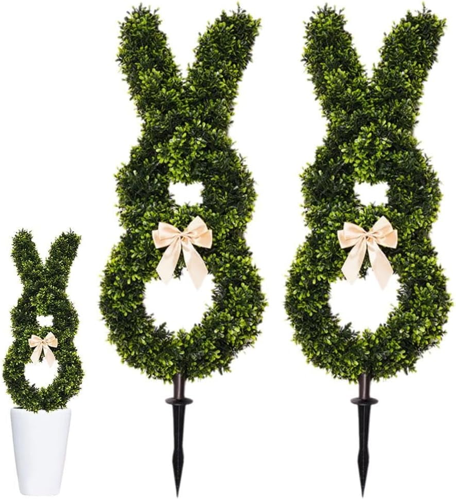 2PCS Artificial Bunny Shape Boxwood Topiary with Spike,41 Inch Easter ...